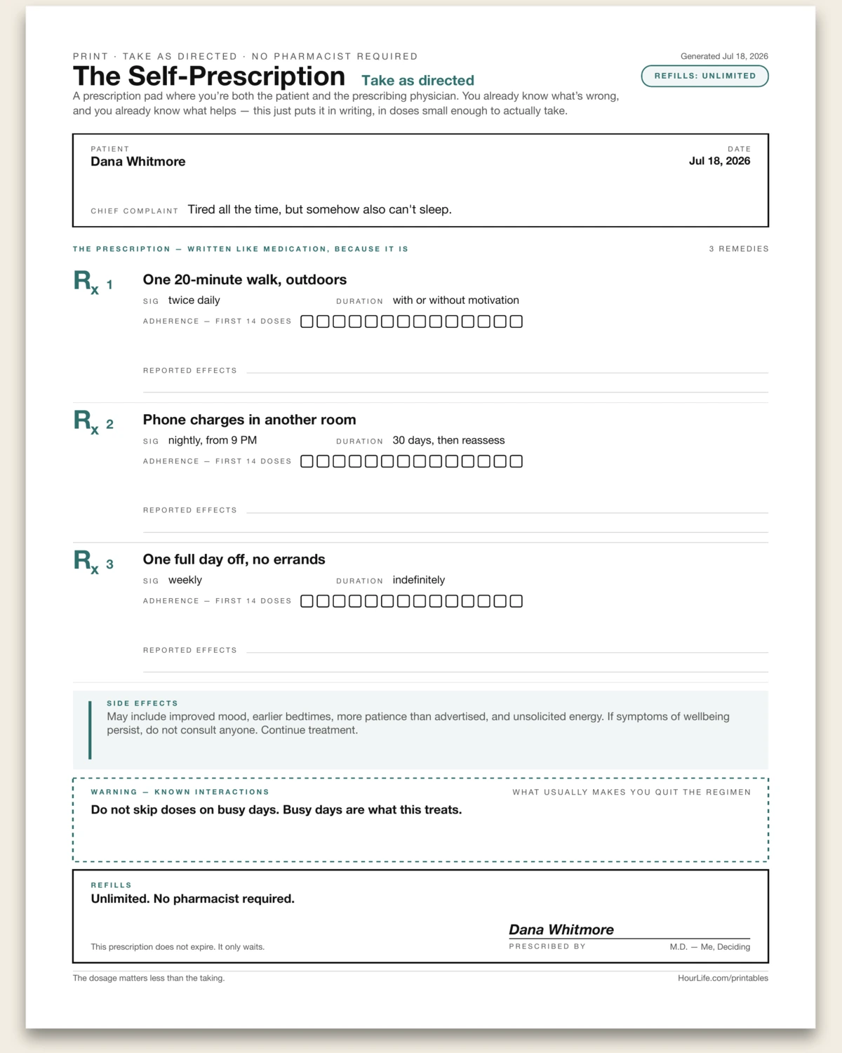 The Self-Prescription filled example preview