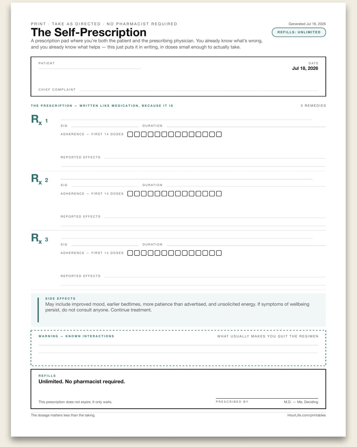 The Self-Prescription blank layout preview