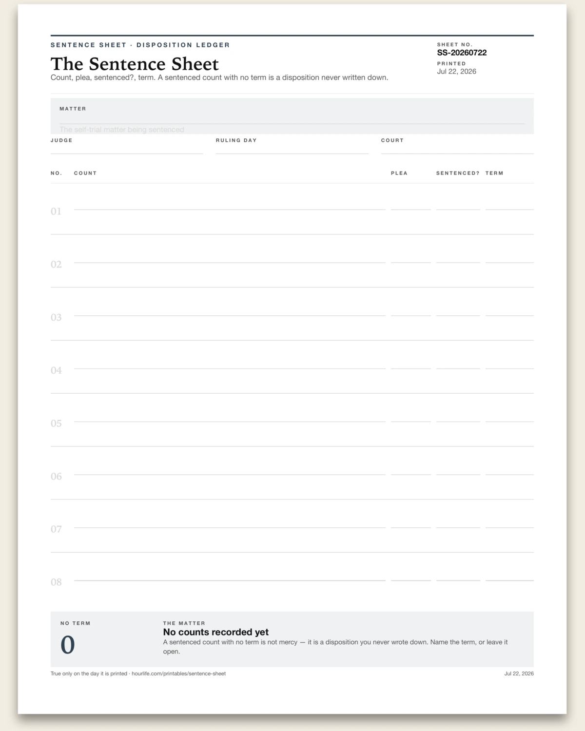 The Sentence Sheet blank layout preview