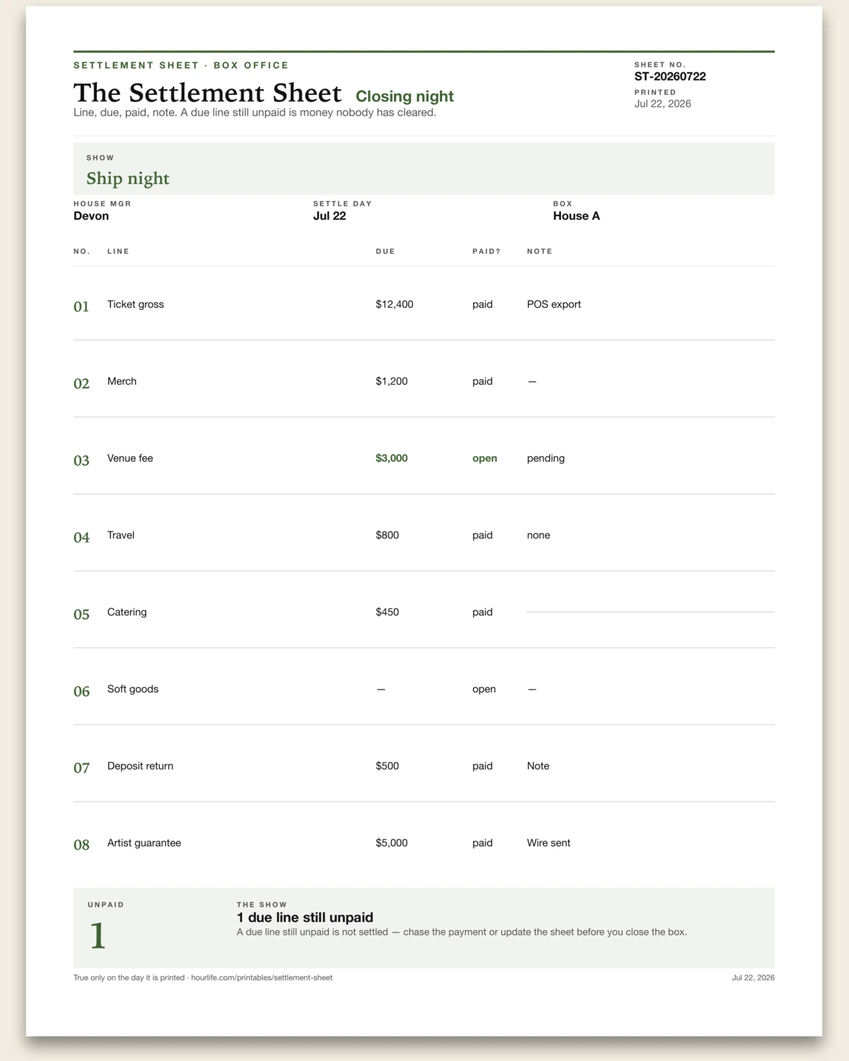The Settlement Sheet filled example preview