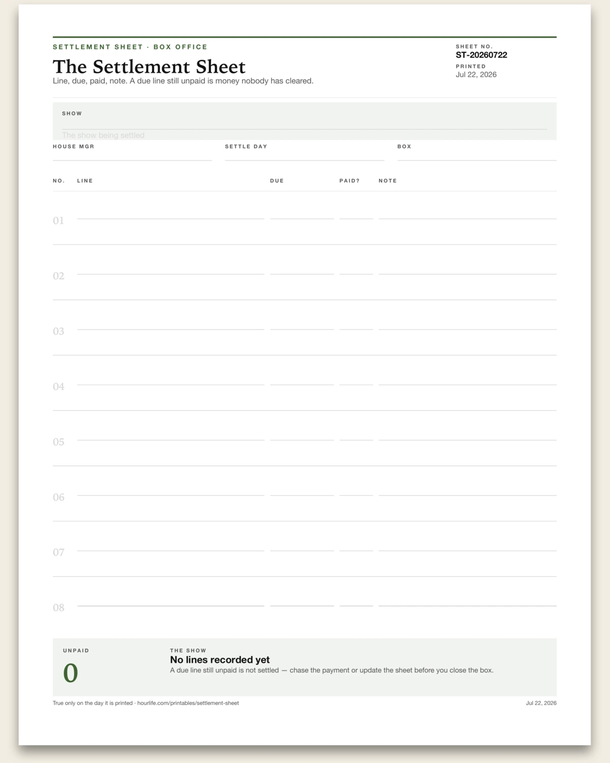 The Settlement Sheet blank layout preview