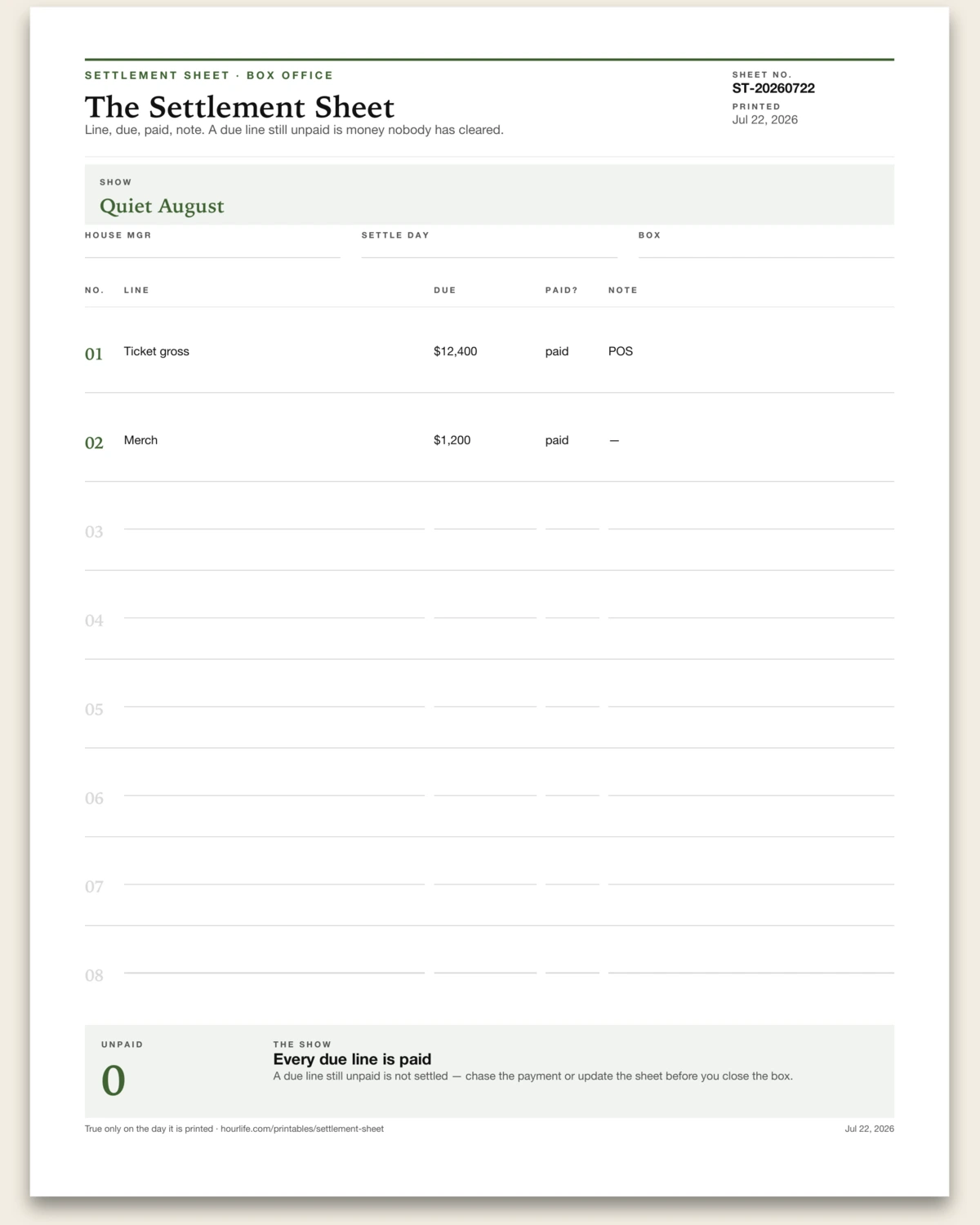 The Settlement Sheet alt style preview