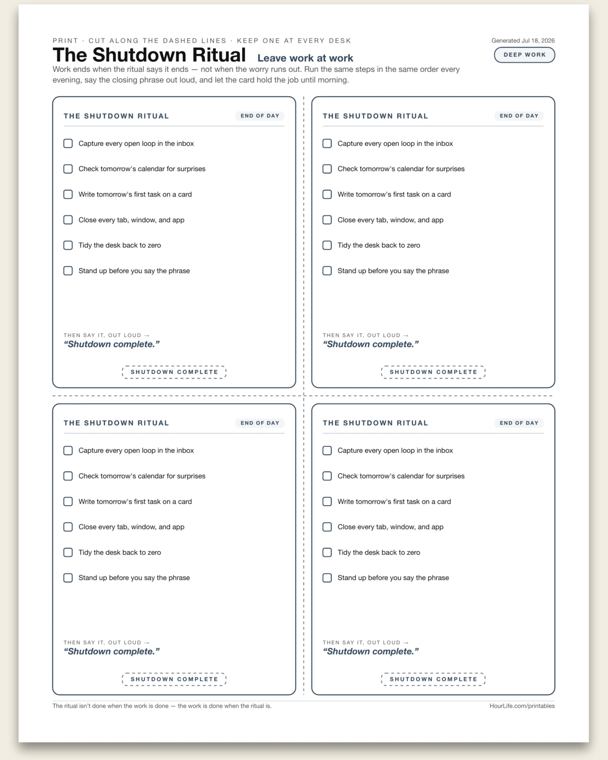 The Shutdown Ritual Card filled example preview