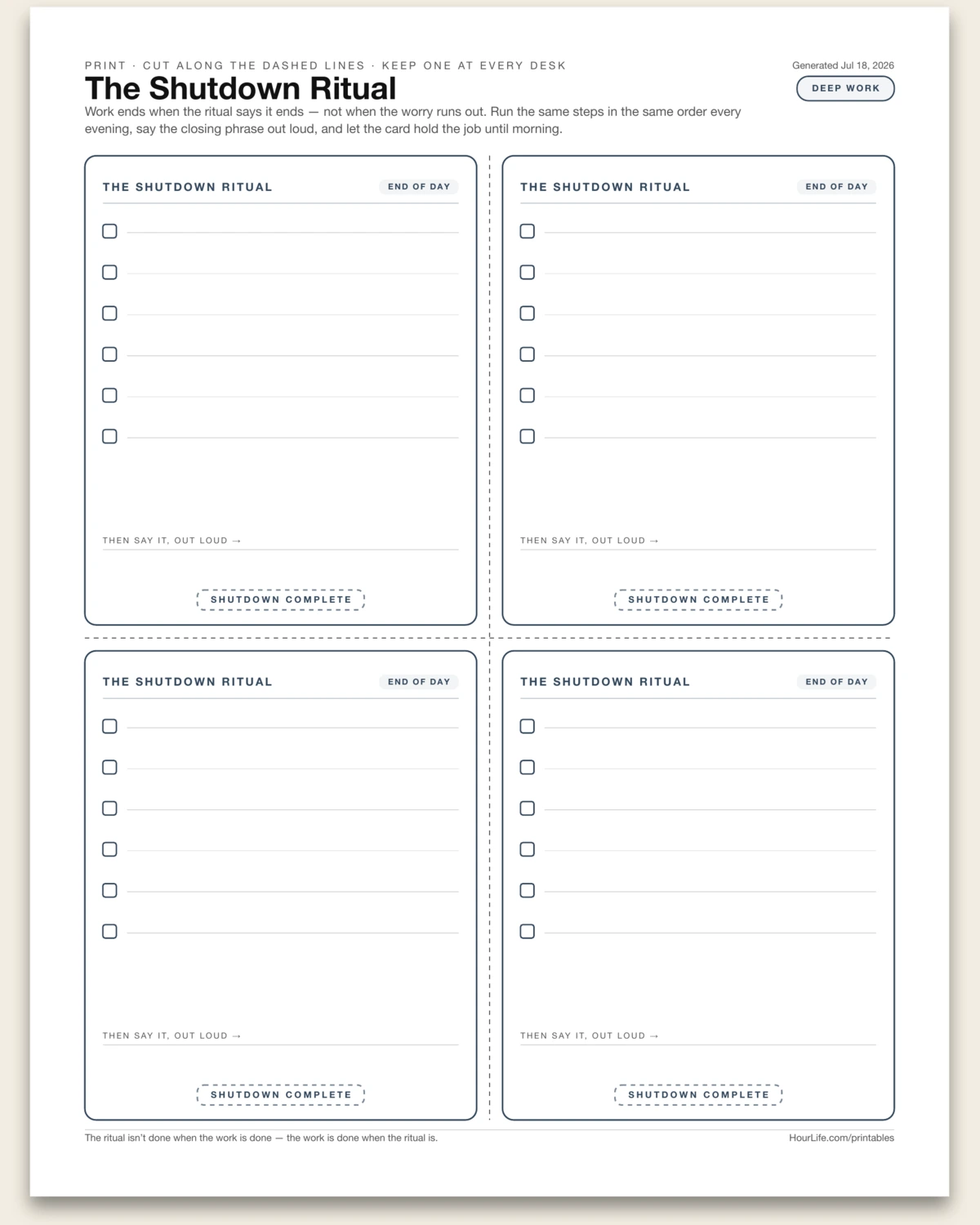 The Shutdown Ritual Card blank layout preview