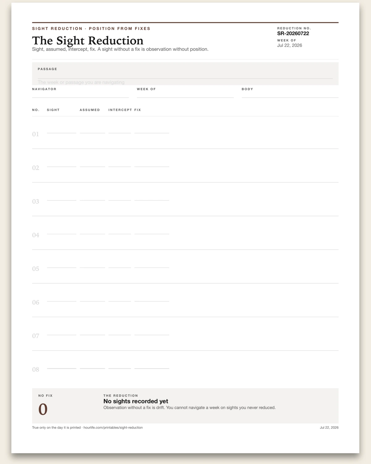 The Sight Reduction blank layout preview