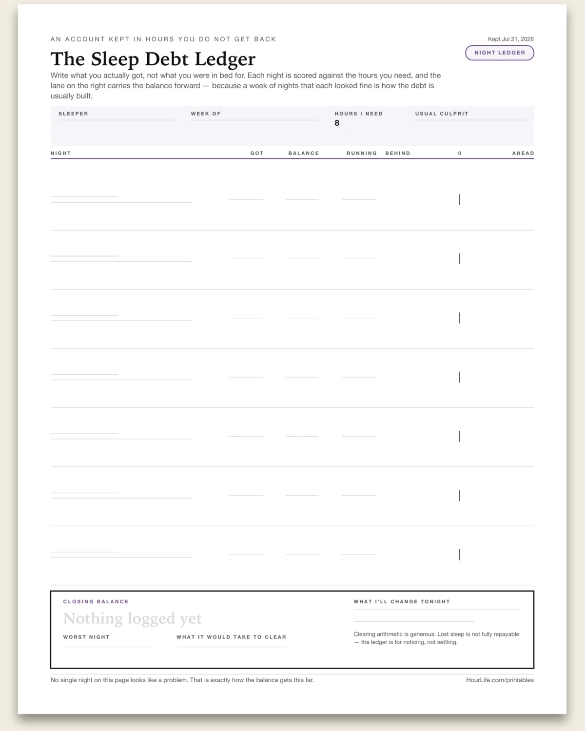 The Sleep Debt Ledger blank layout preview