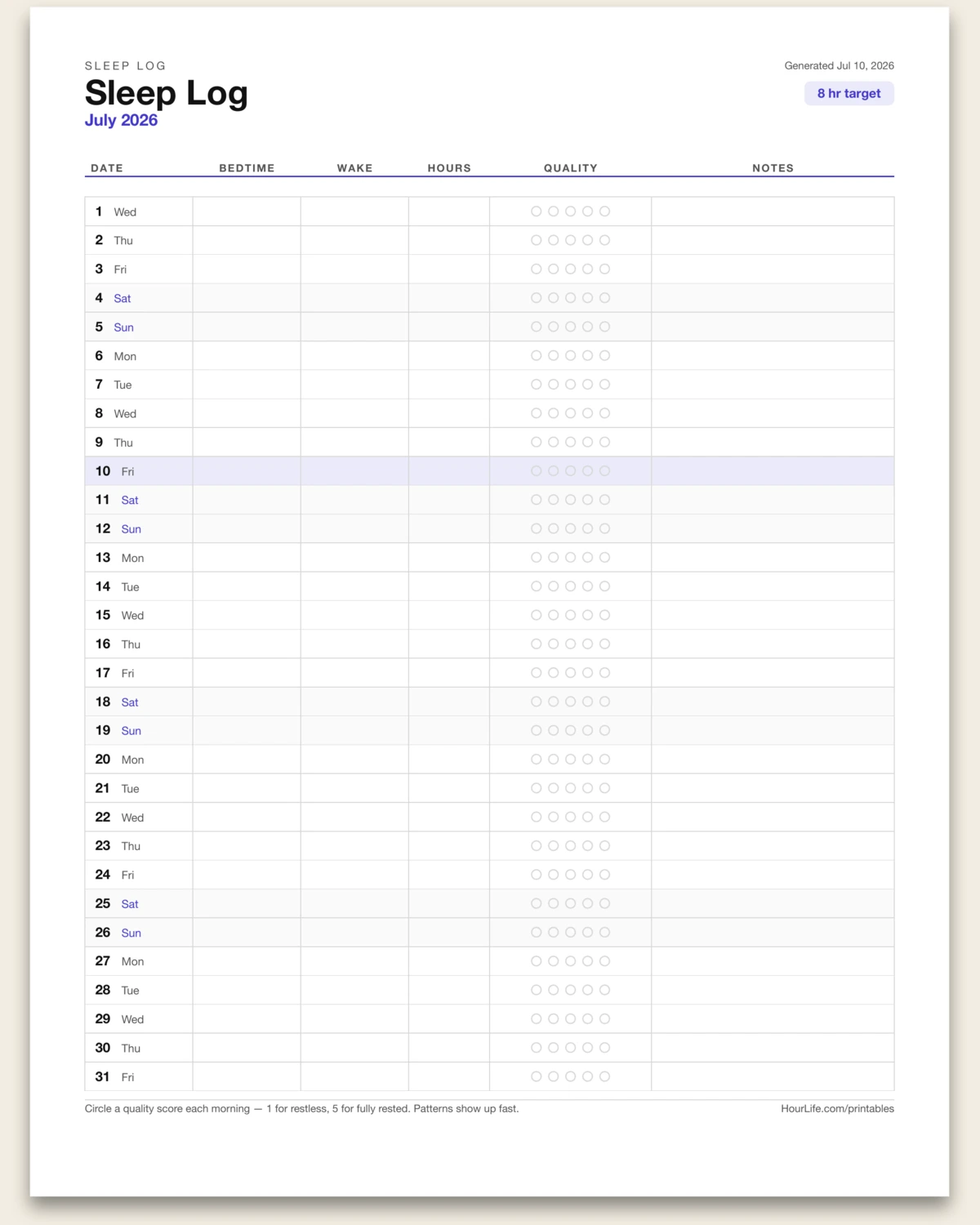 Sleep Log filled example preview