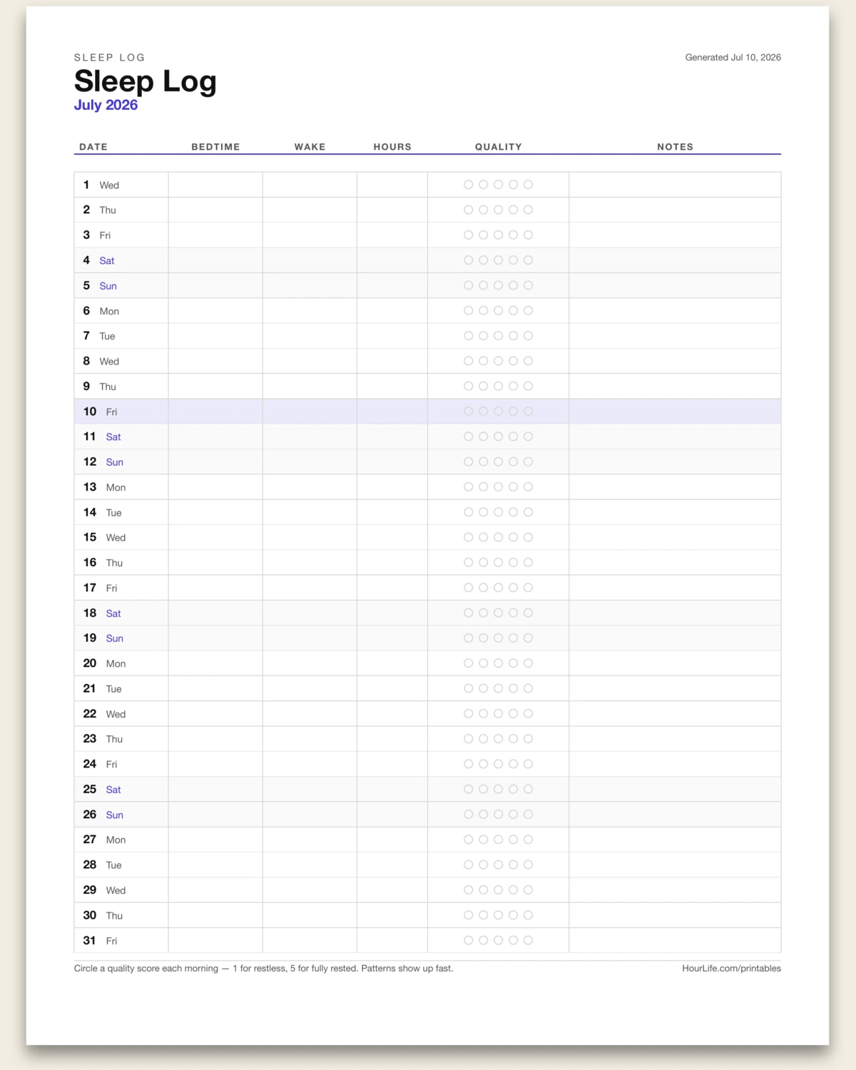 Sleep Log blank layout preview