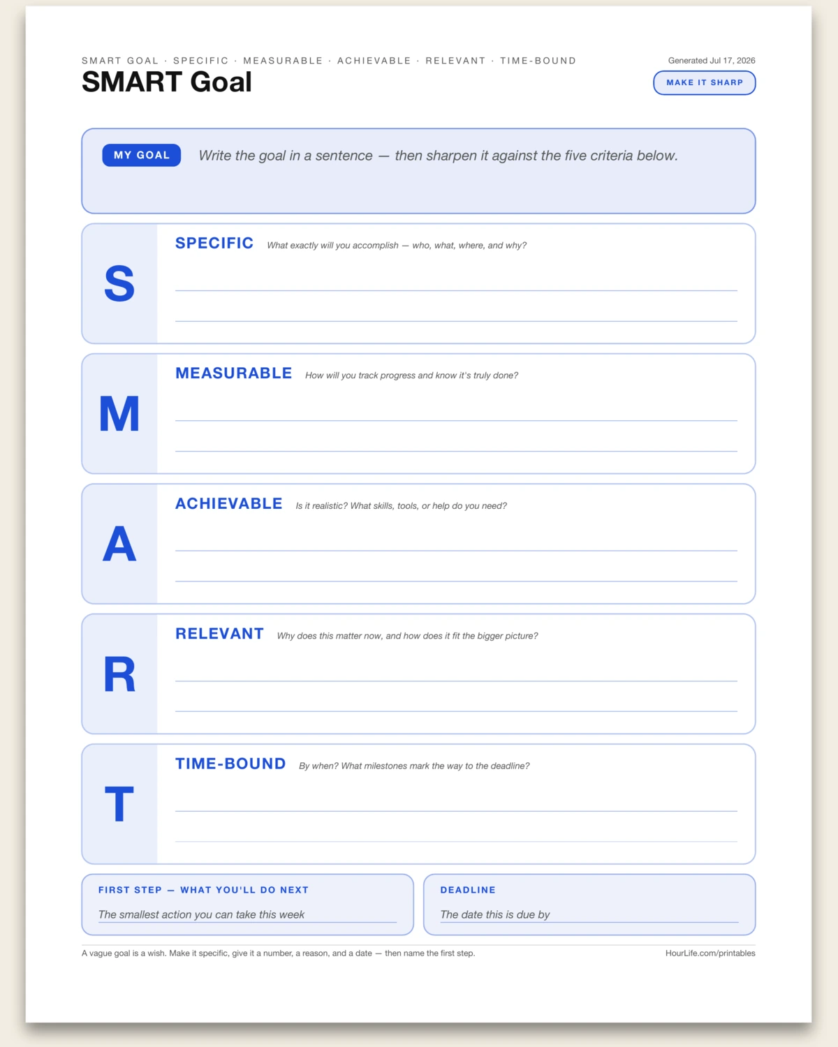 SMART Goal blank layout preview