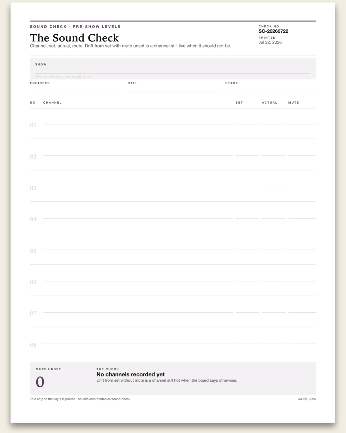 The Sound Check blank layout preview