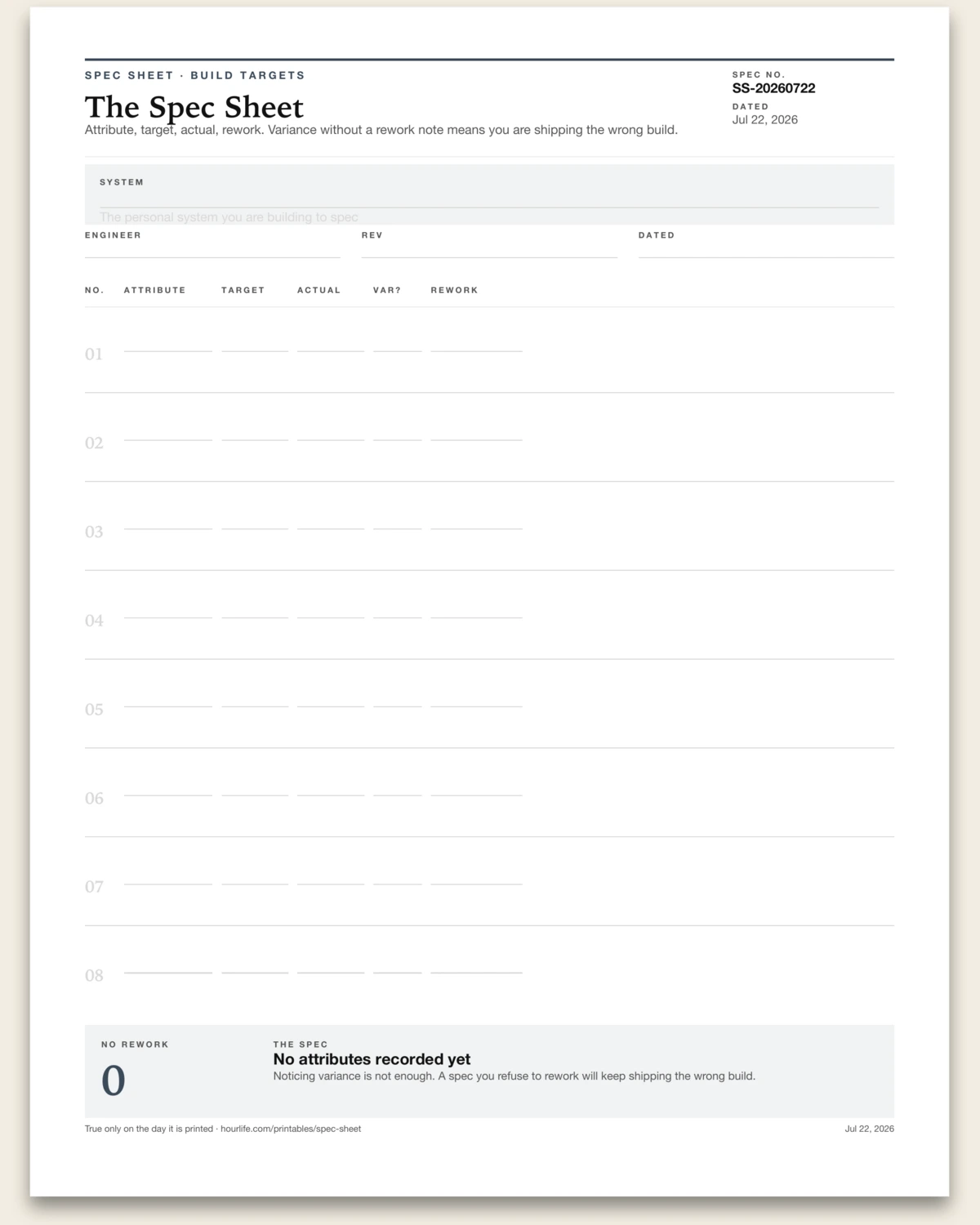 The Spec Sheet blank layout preview