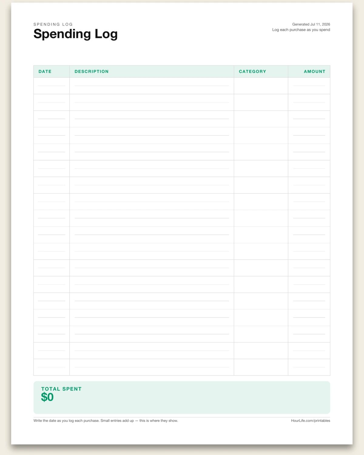 Spending Log blank layout preview