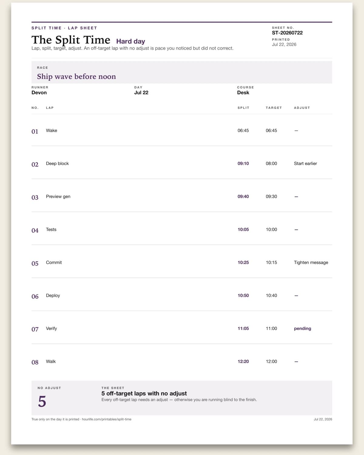 The Split Time filled example preview