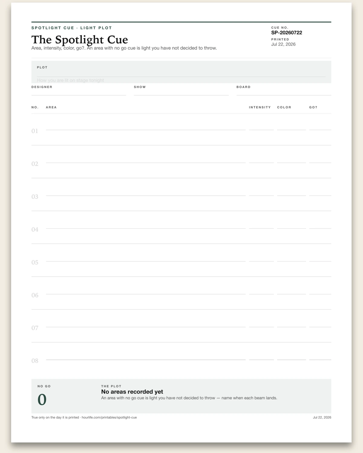 The Spotlight Cue blank layout preview