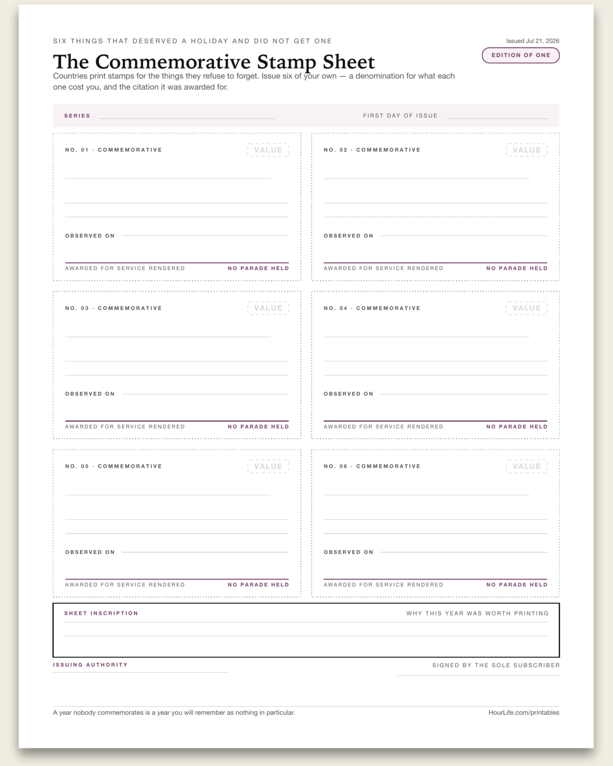 The Commemorative Stamp Sheet blank layout preview