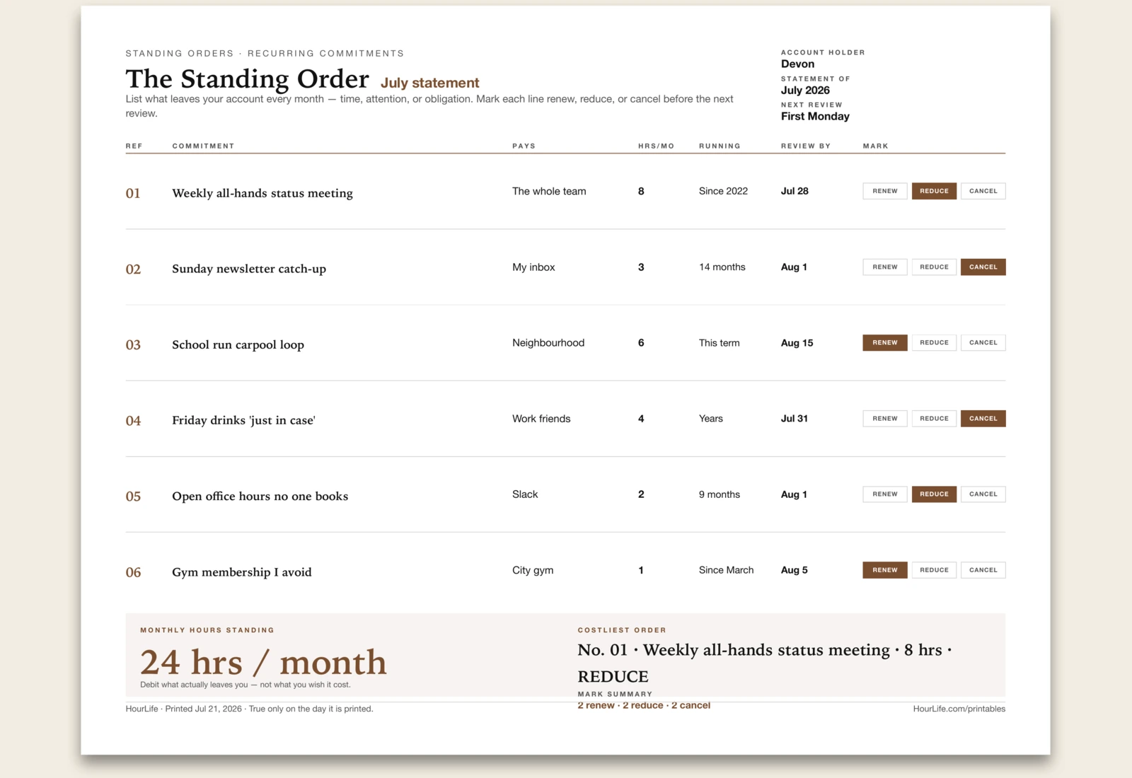 The Standing Order filled example preview