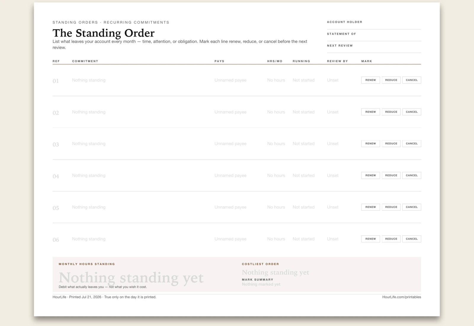 The Standing Order blank layout preview
