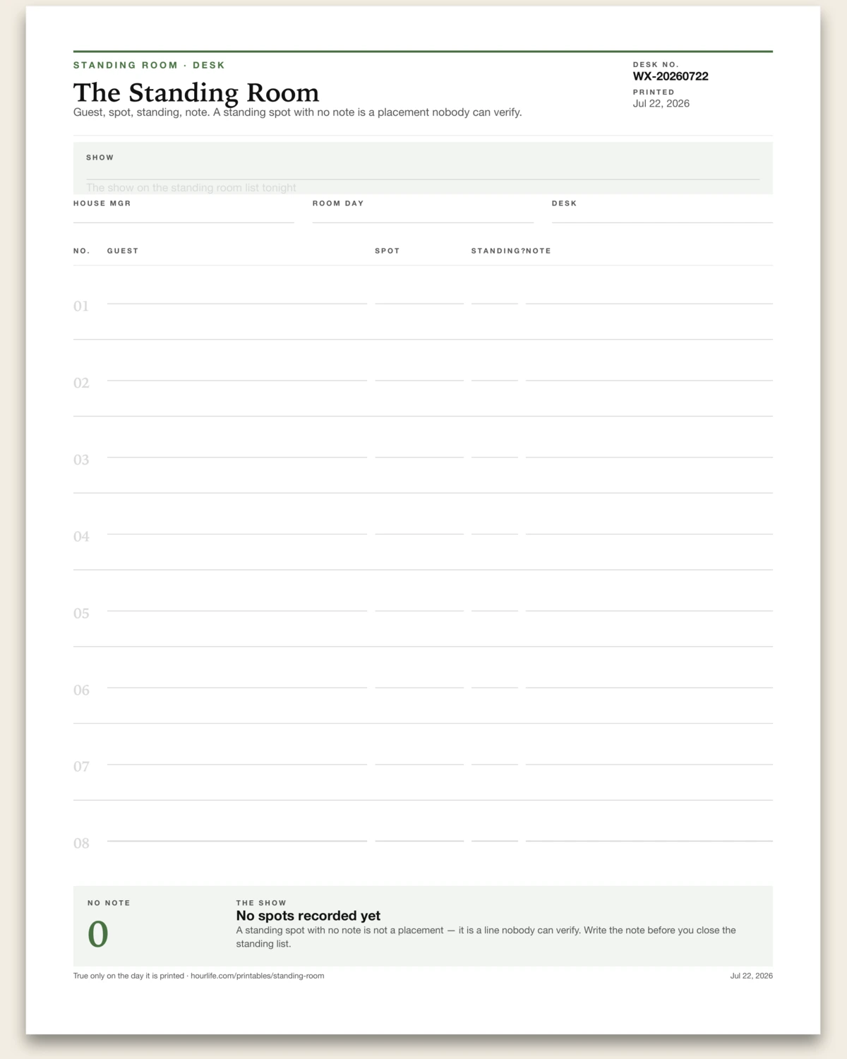 The Standing Room blank layout preview