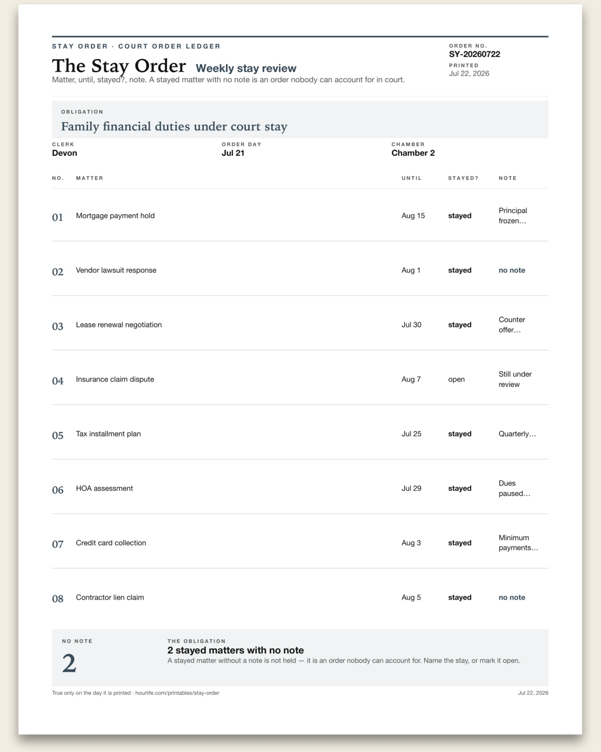 The Stay Order filled example preview
