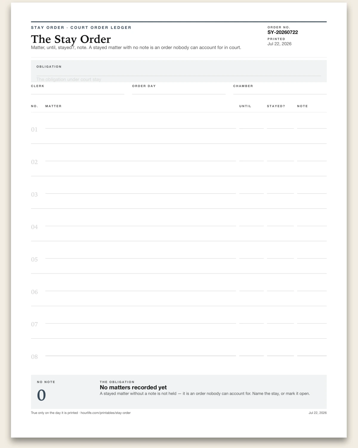 The Stay Order blank layout preview