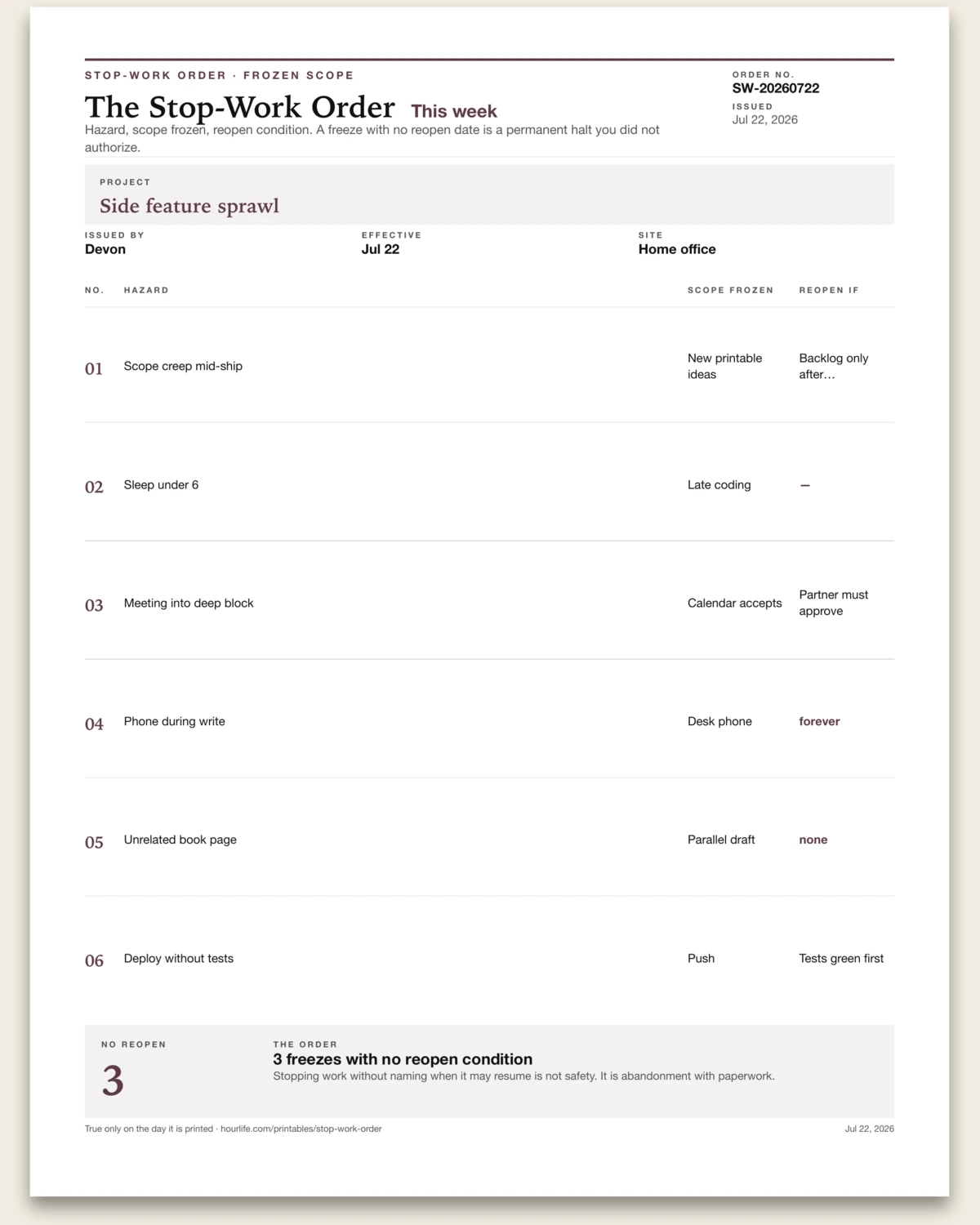 The Stop-Work Order filled example preview