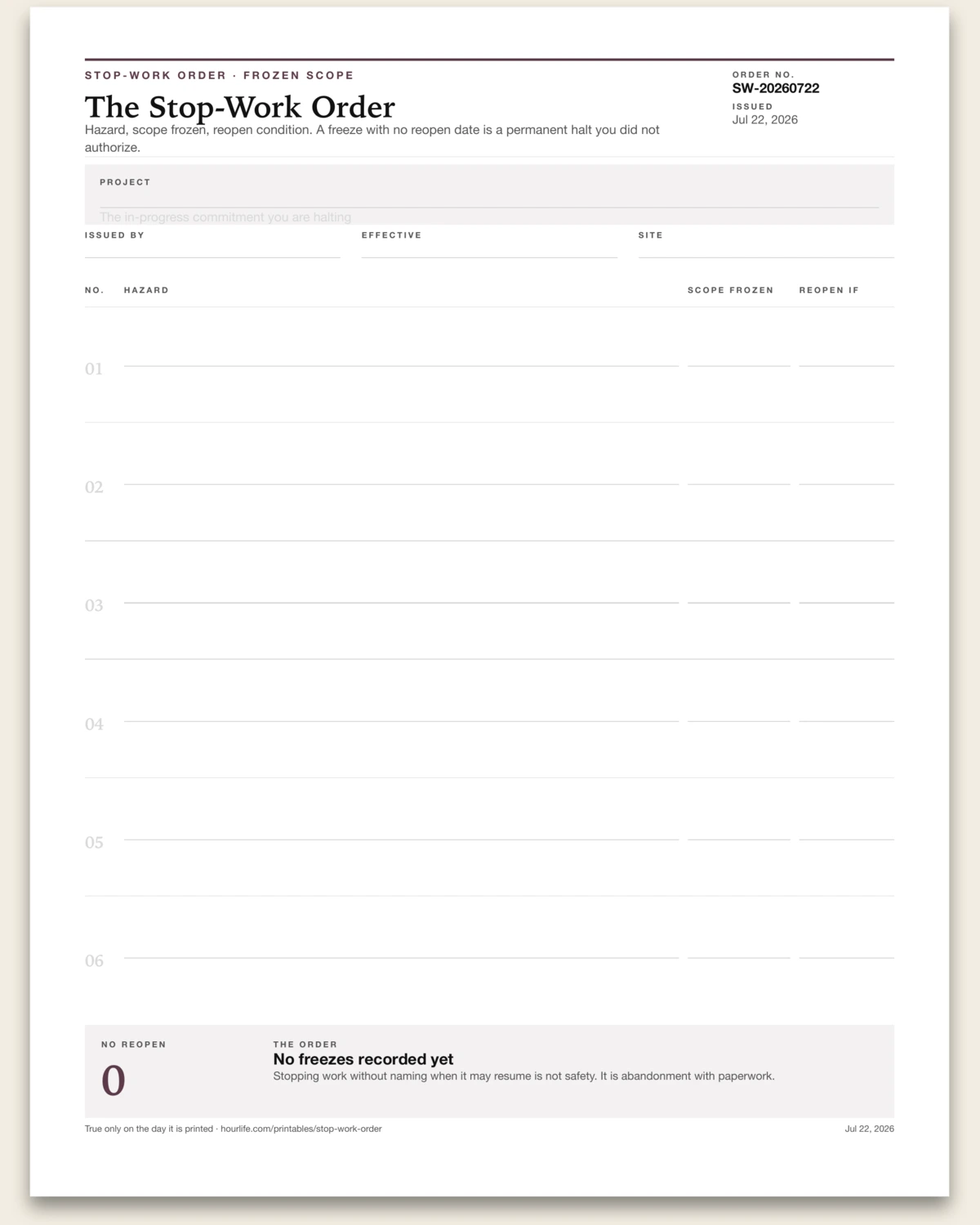 The Stop-Work Order blank layout preview