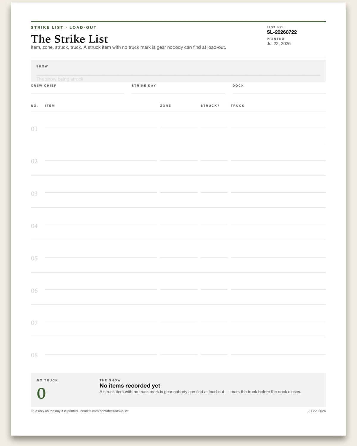 The Strike List blank layout preview