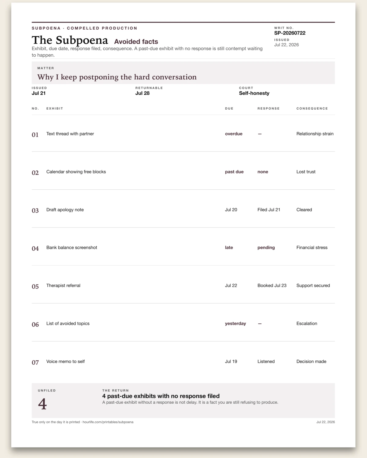 The Subpoena filled example preview