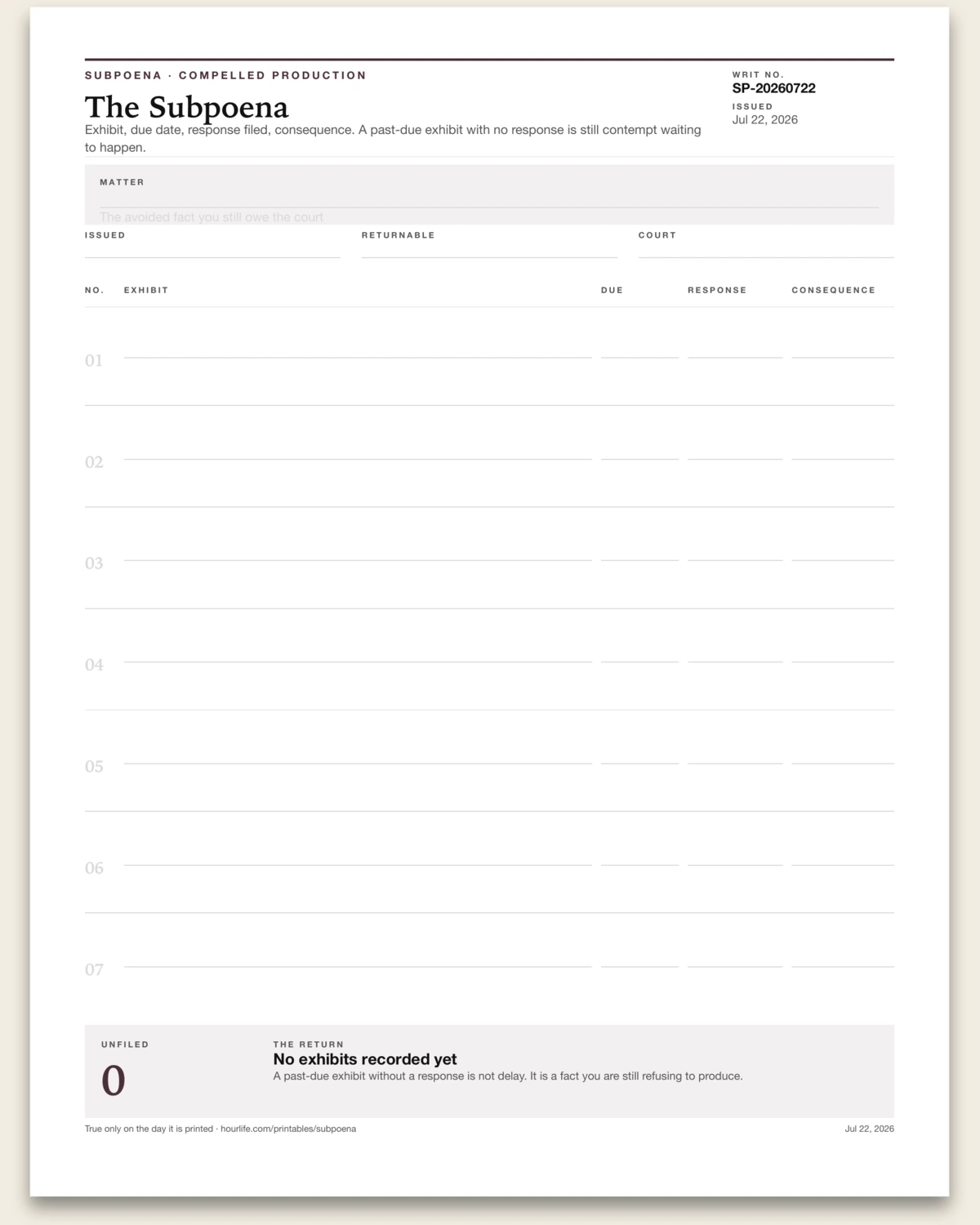 The Subpoena blank layout preview