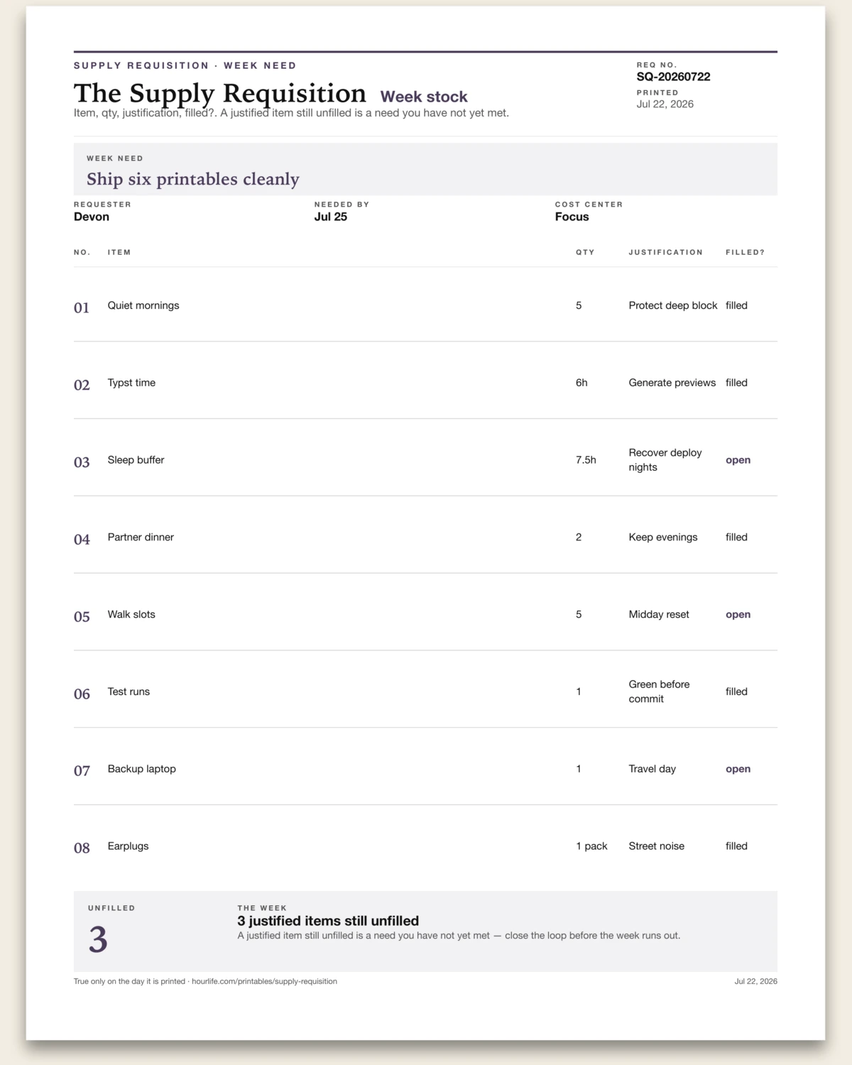 The Supply Requisition filled example preview