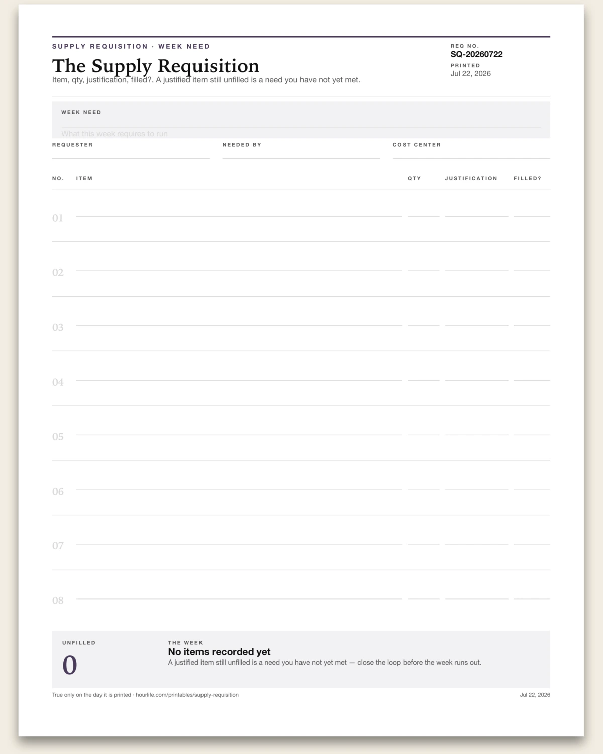 The Supply Requisition blank layout preview