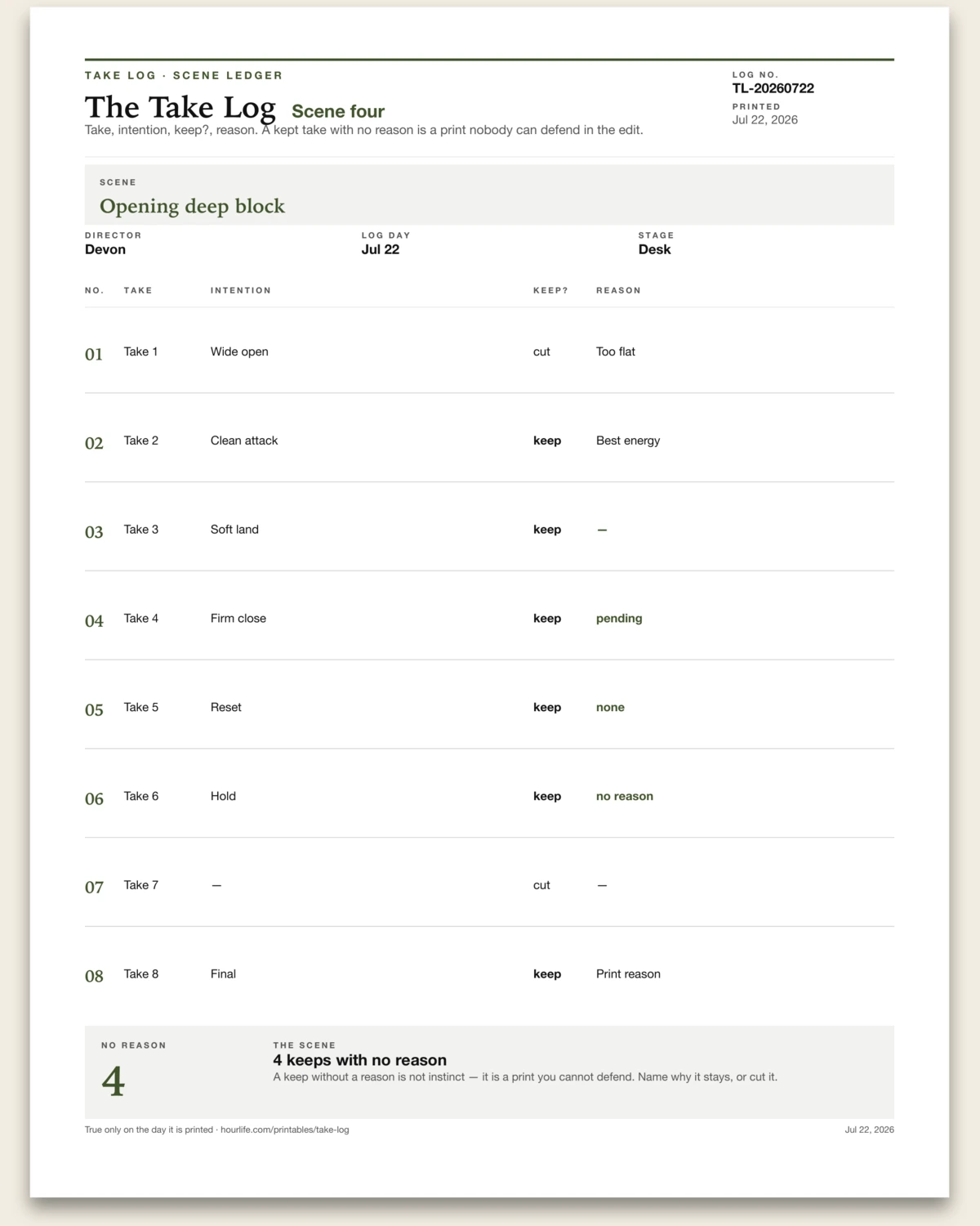 The Take Log filled example preview