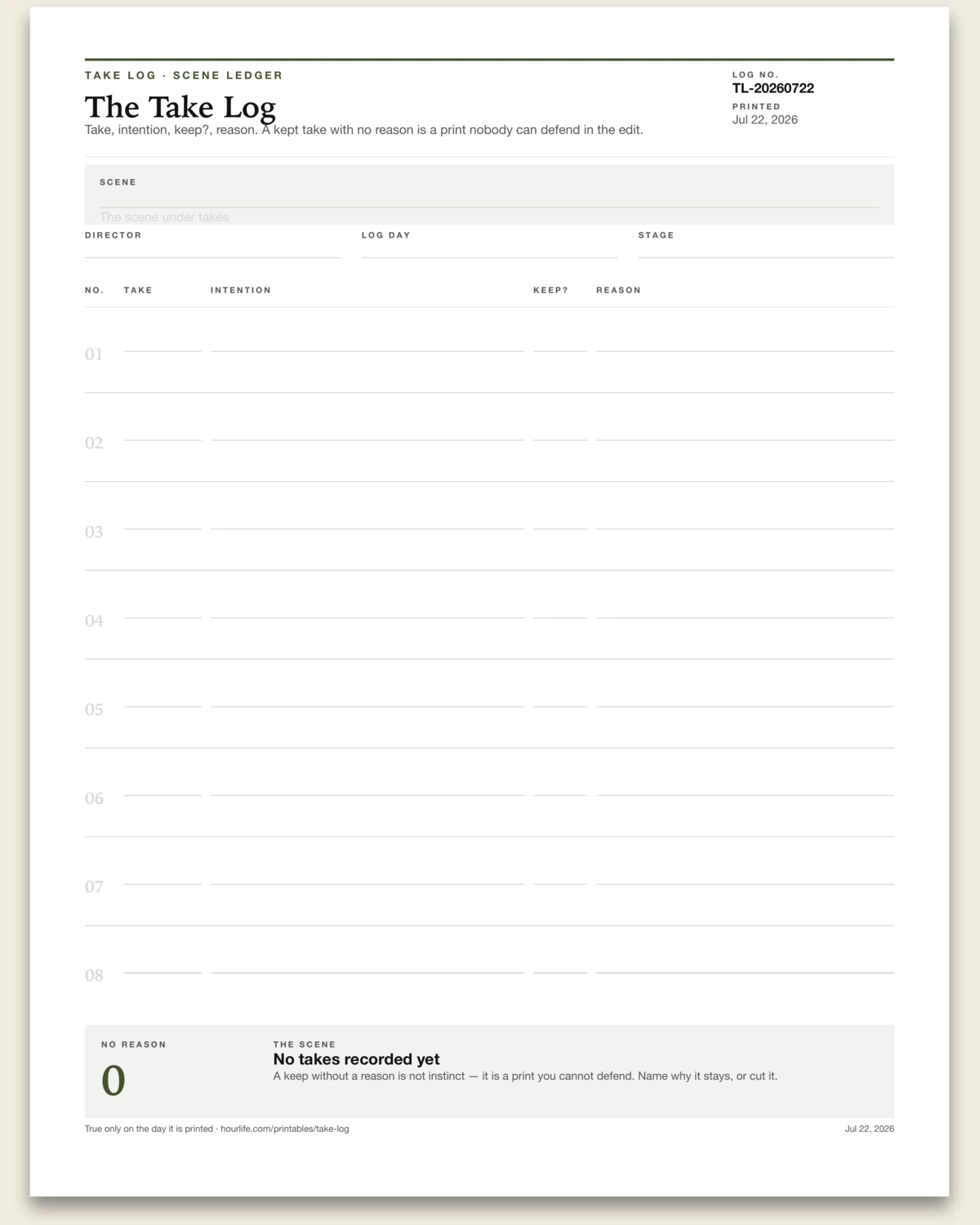 The Take Log blank layout preview