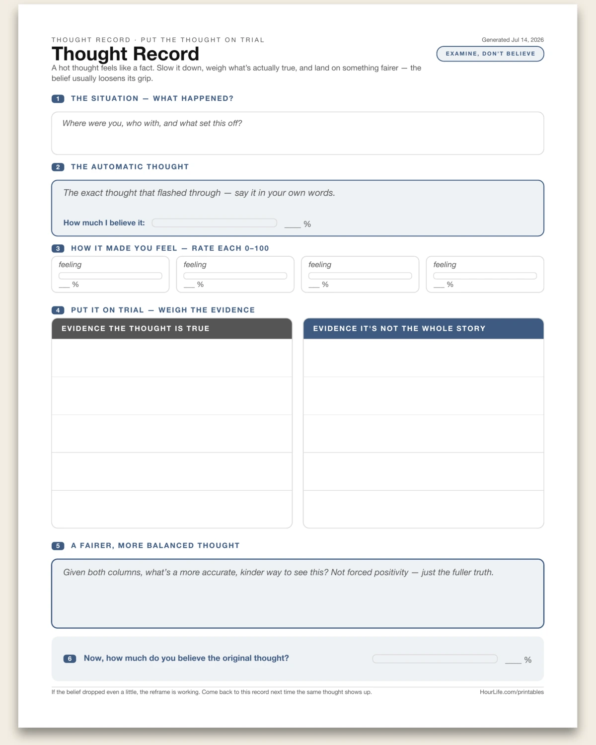 Thought Record blank layout preview