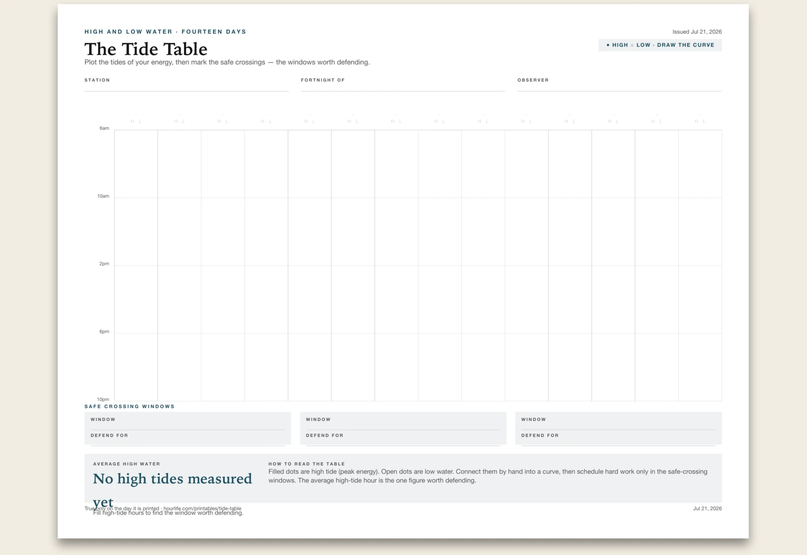 The Tide Table blank layout preview