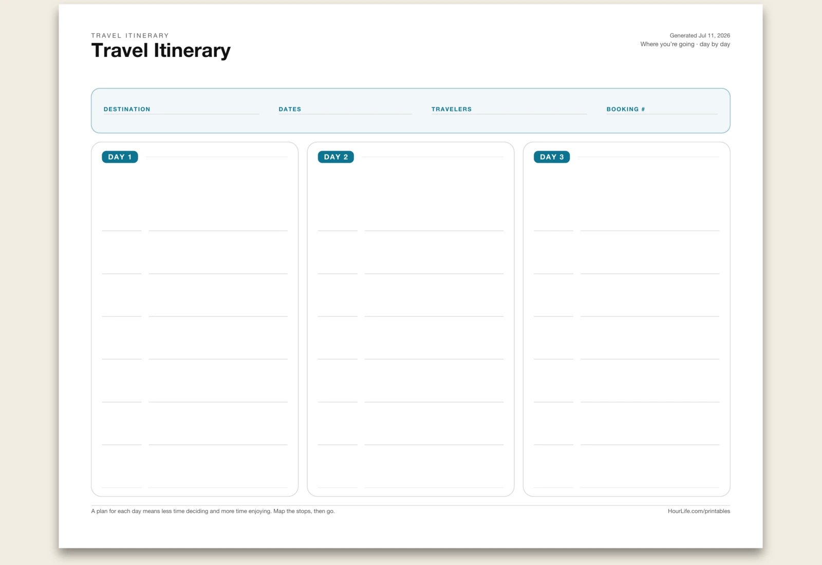Travel Itinerary blank layout preview