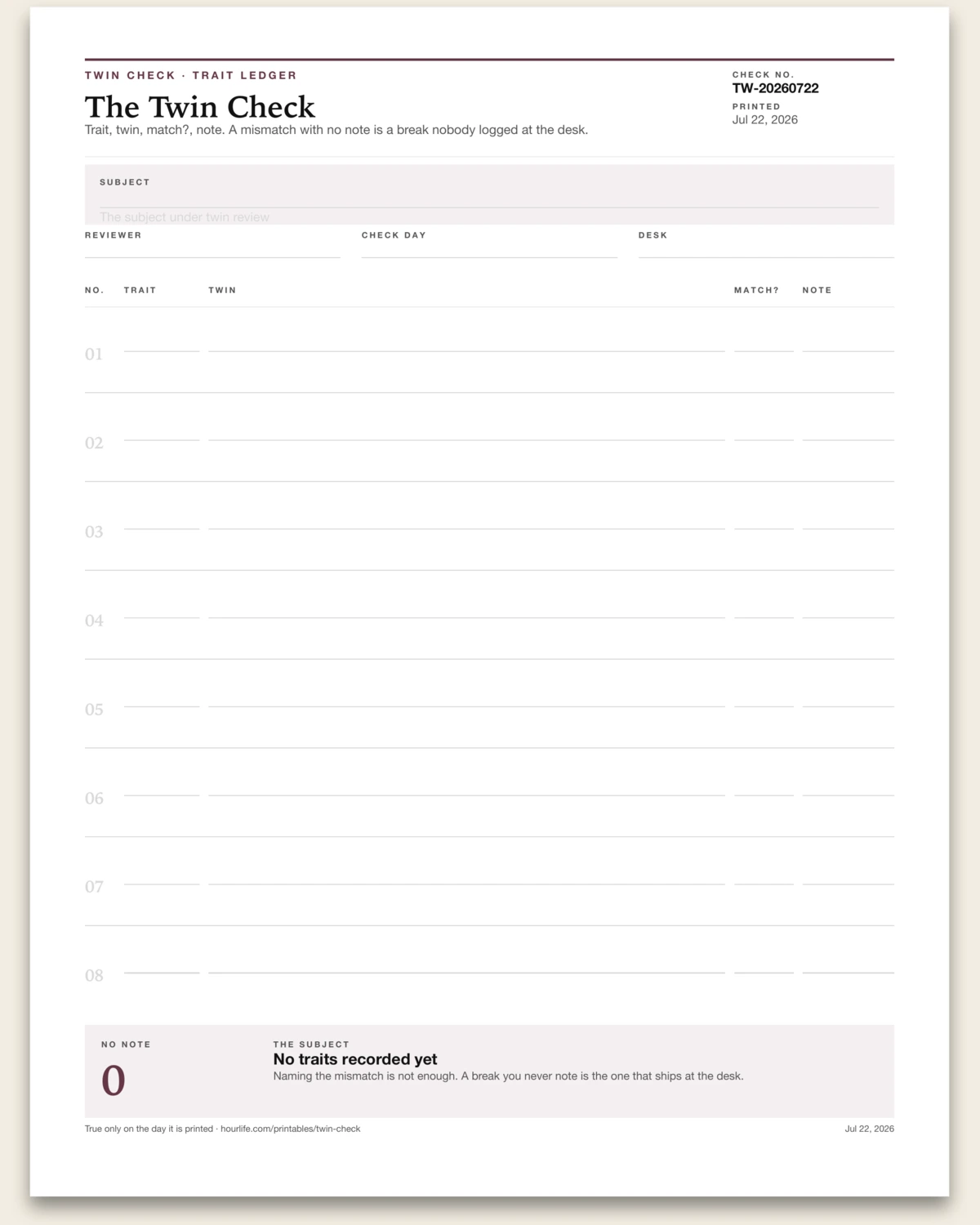 The Twin Check blank layout preview