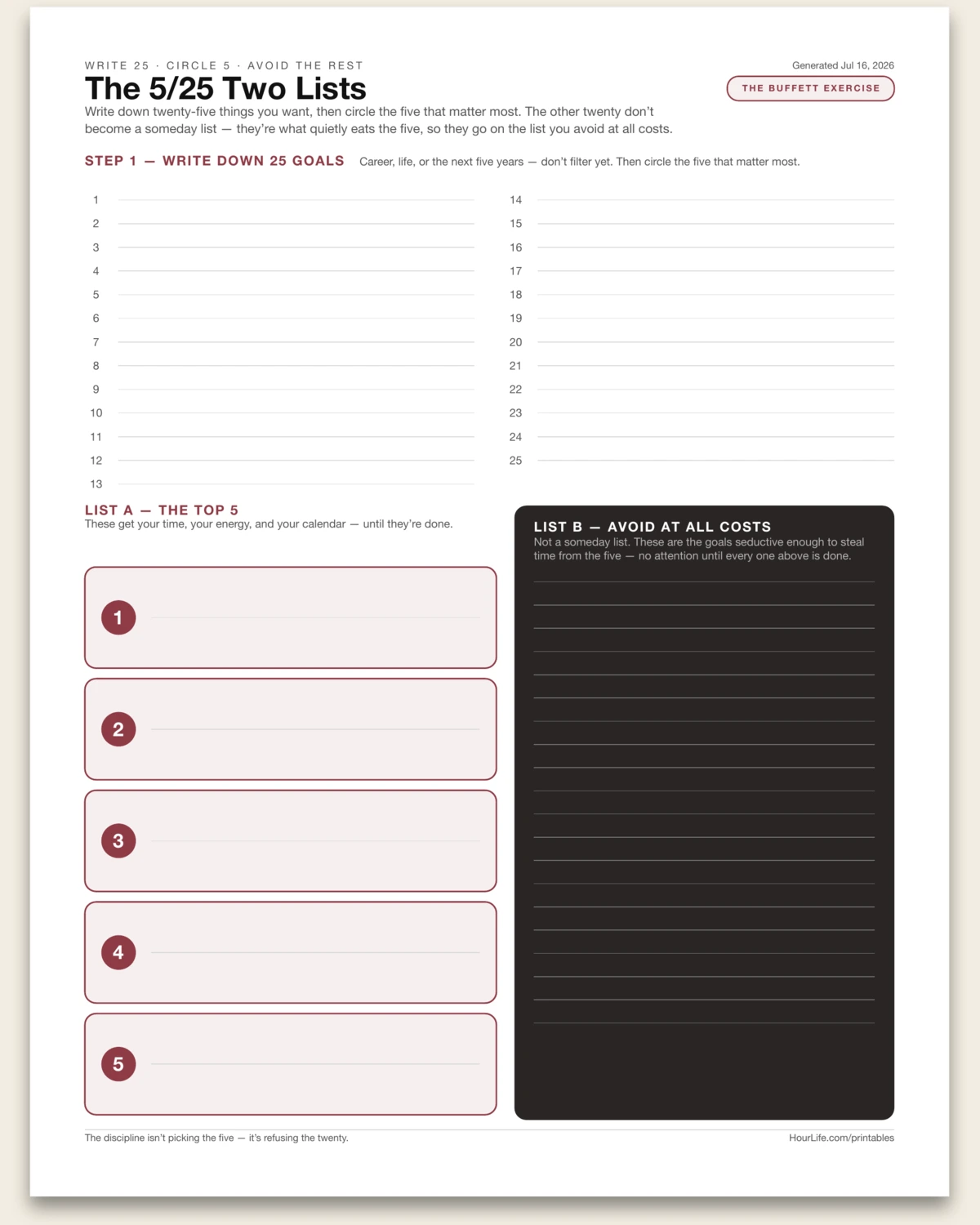 The 5/25 Two Lists blank layout preview