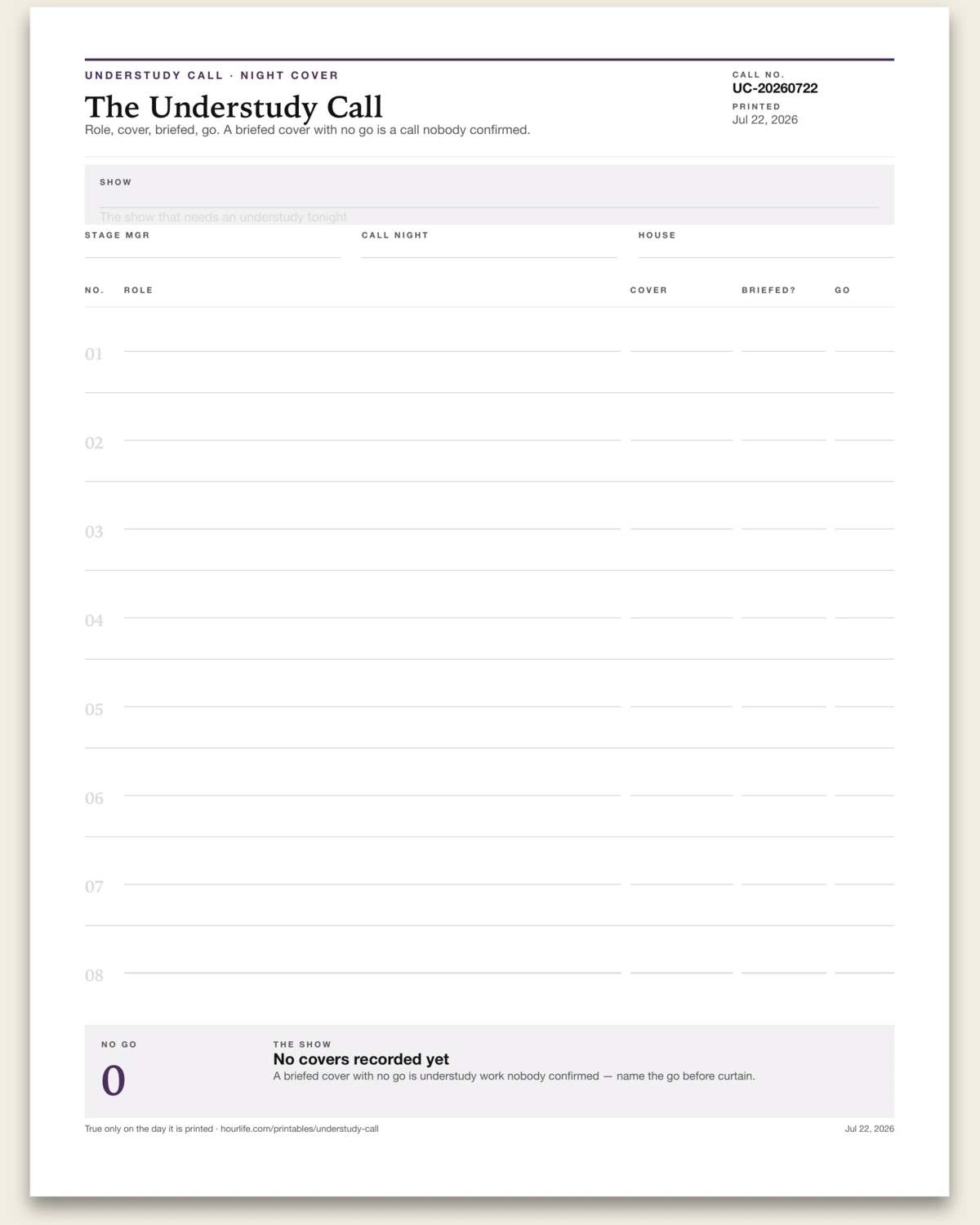 The Understudy Call blank layout preview