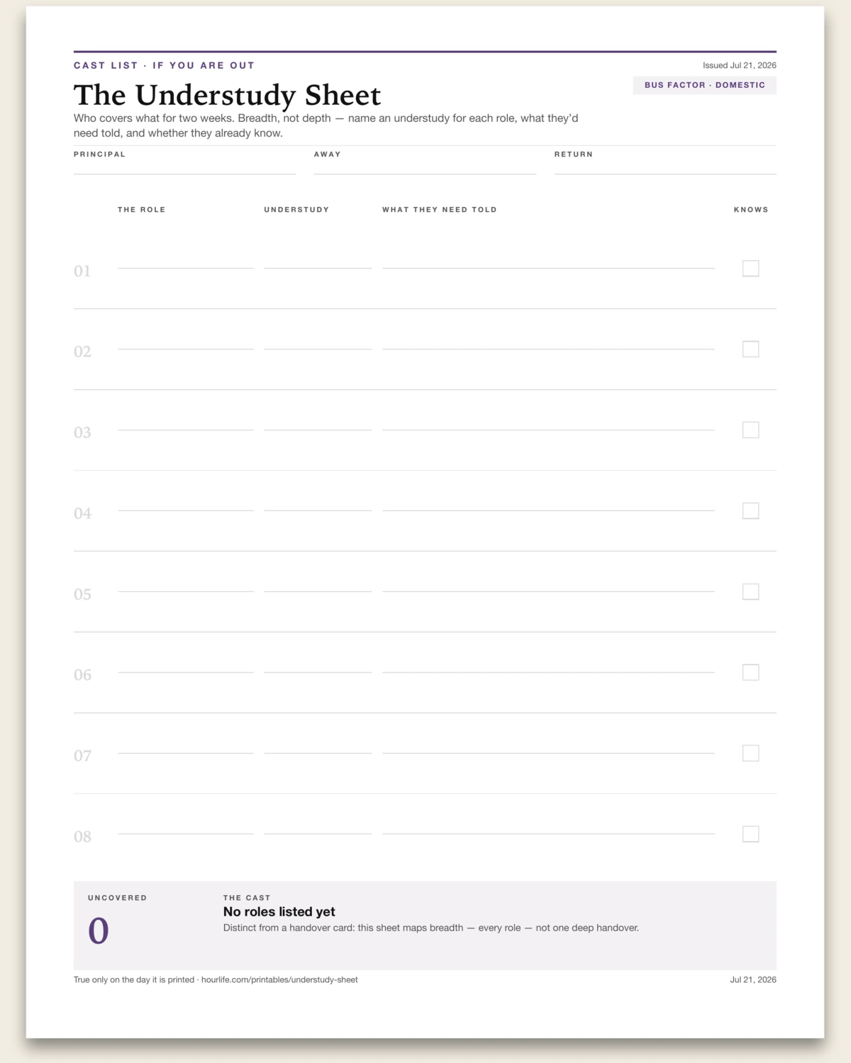 The Understudy Sheet blank layout preview