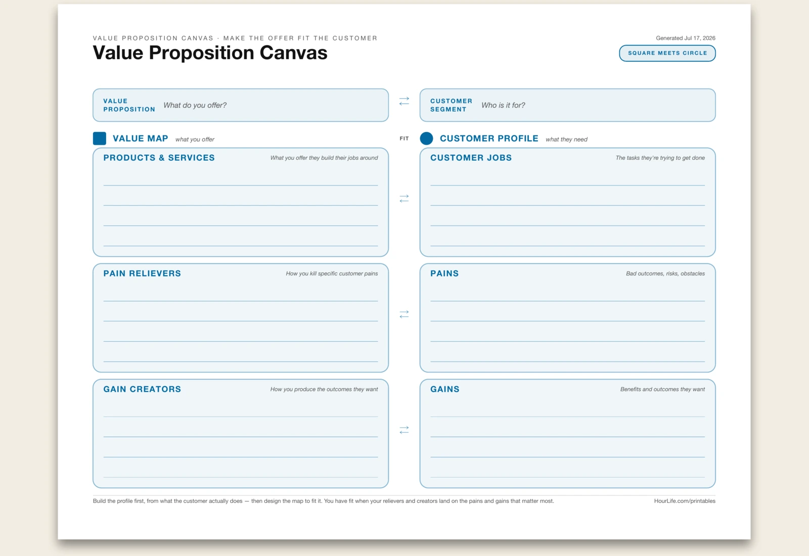 Value Proposition Canvas blank layout preview
