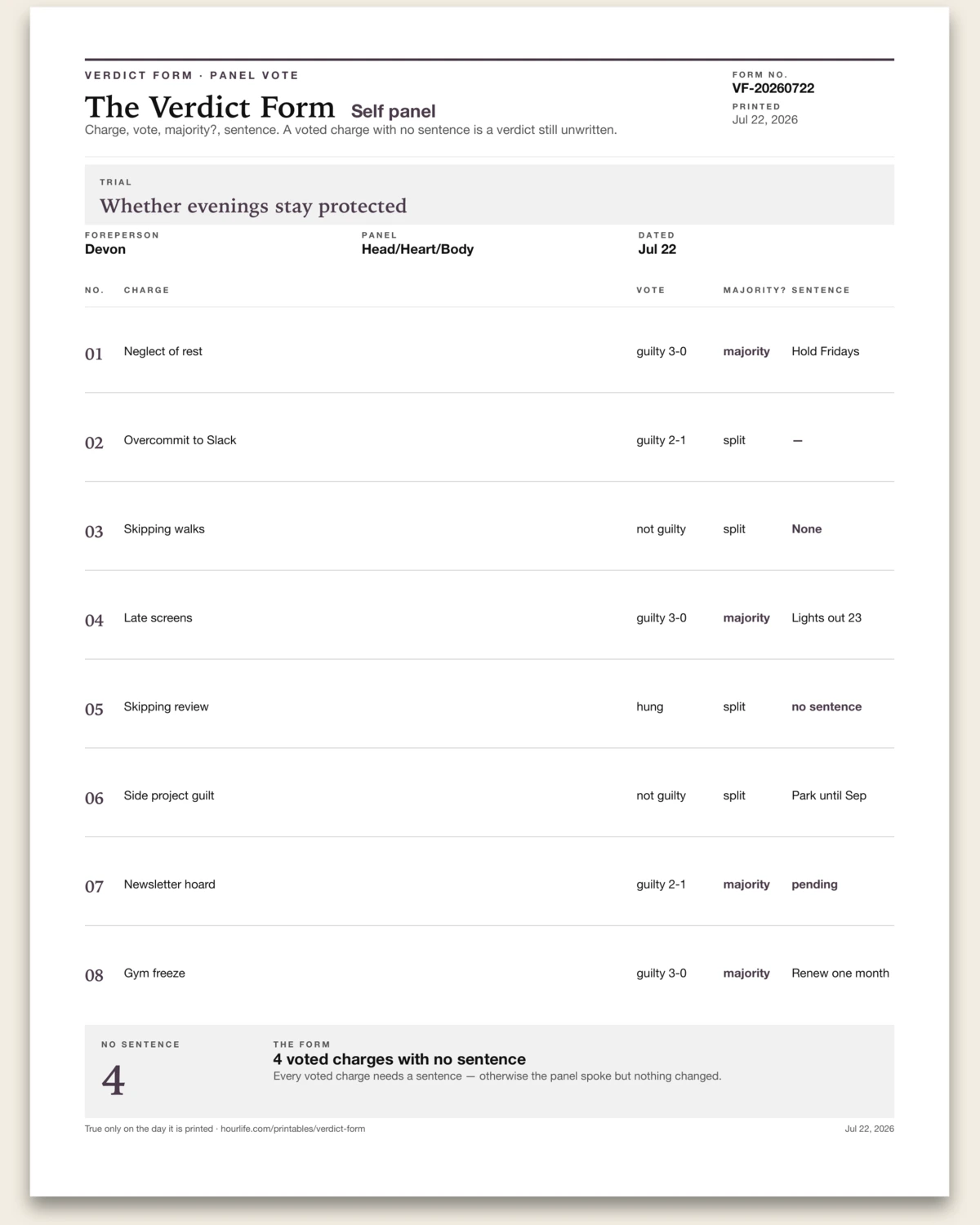 The Verdict Form filled example preview