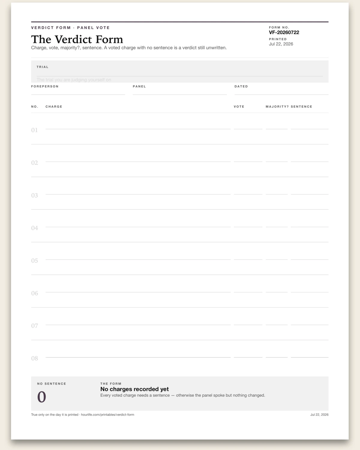 The Verdict Form blank layout preview