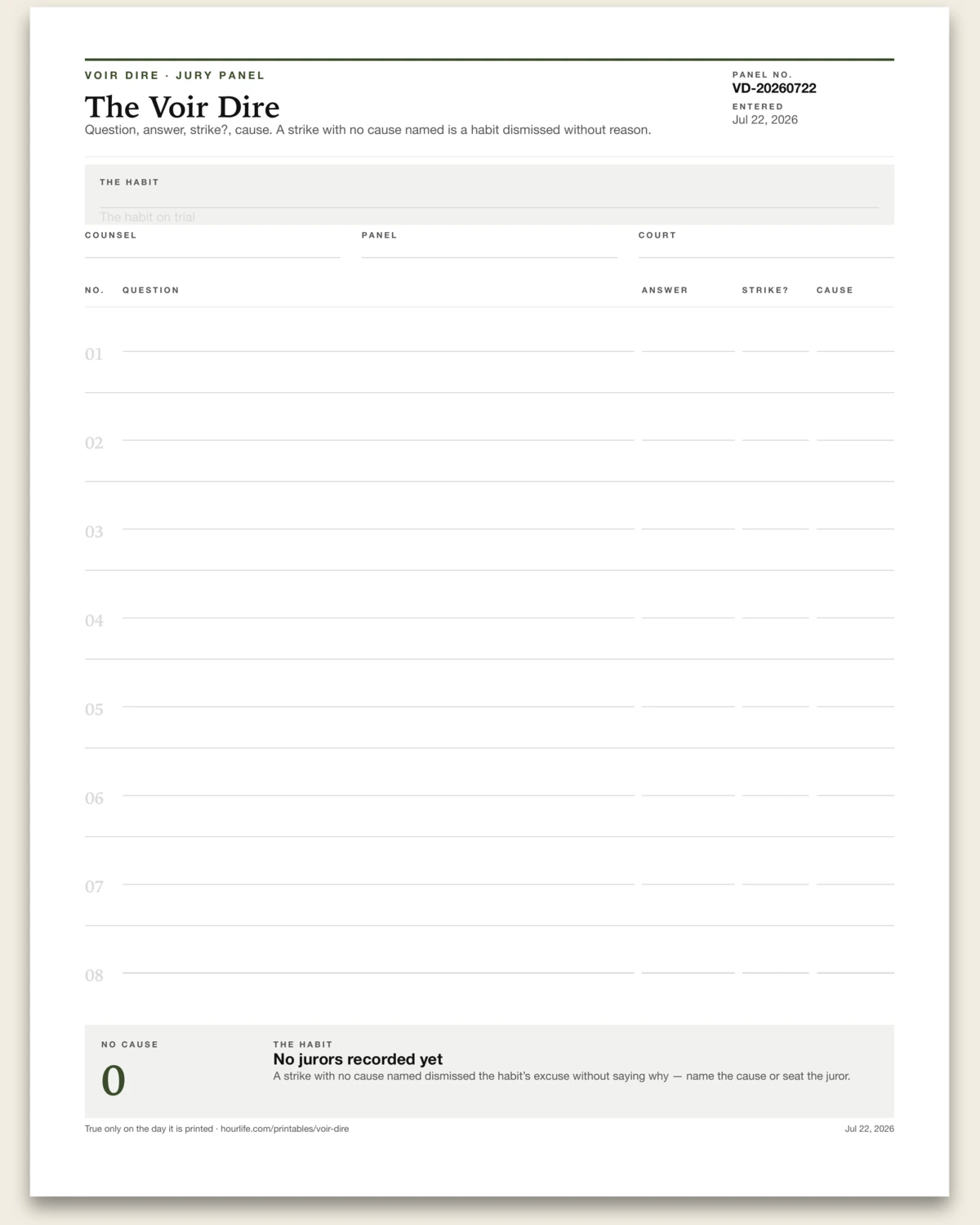 The Voir Dire blank layout preview