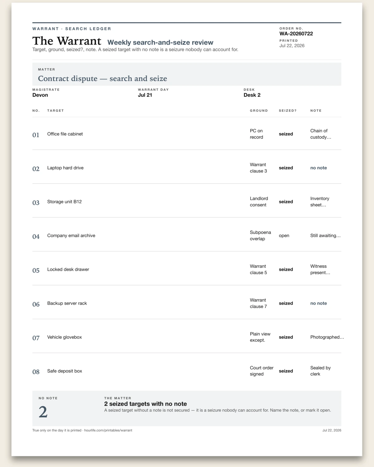 The Warrant filled example preview