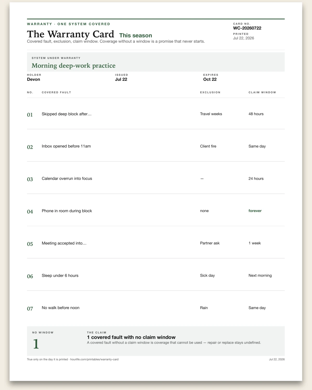 The Warranty Card filled example preview