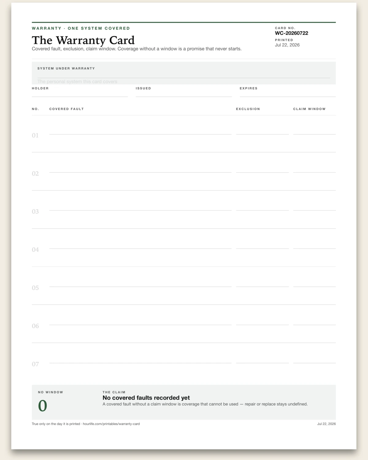 The Warranty Card blank layout preview