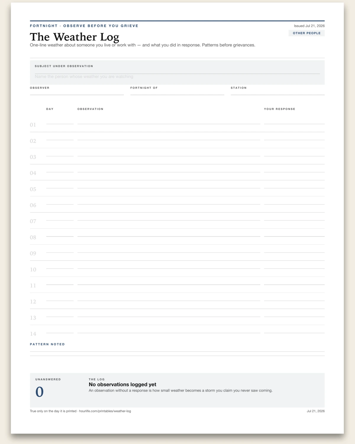 The Weather Log for Other People blank layout preview