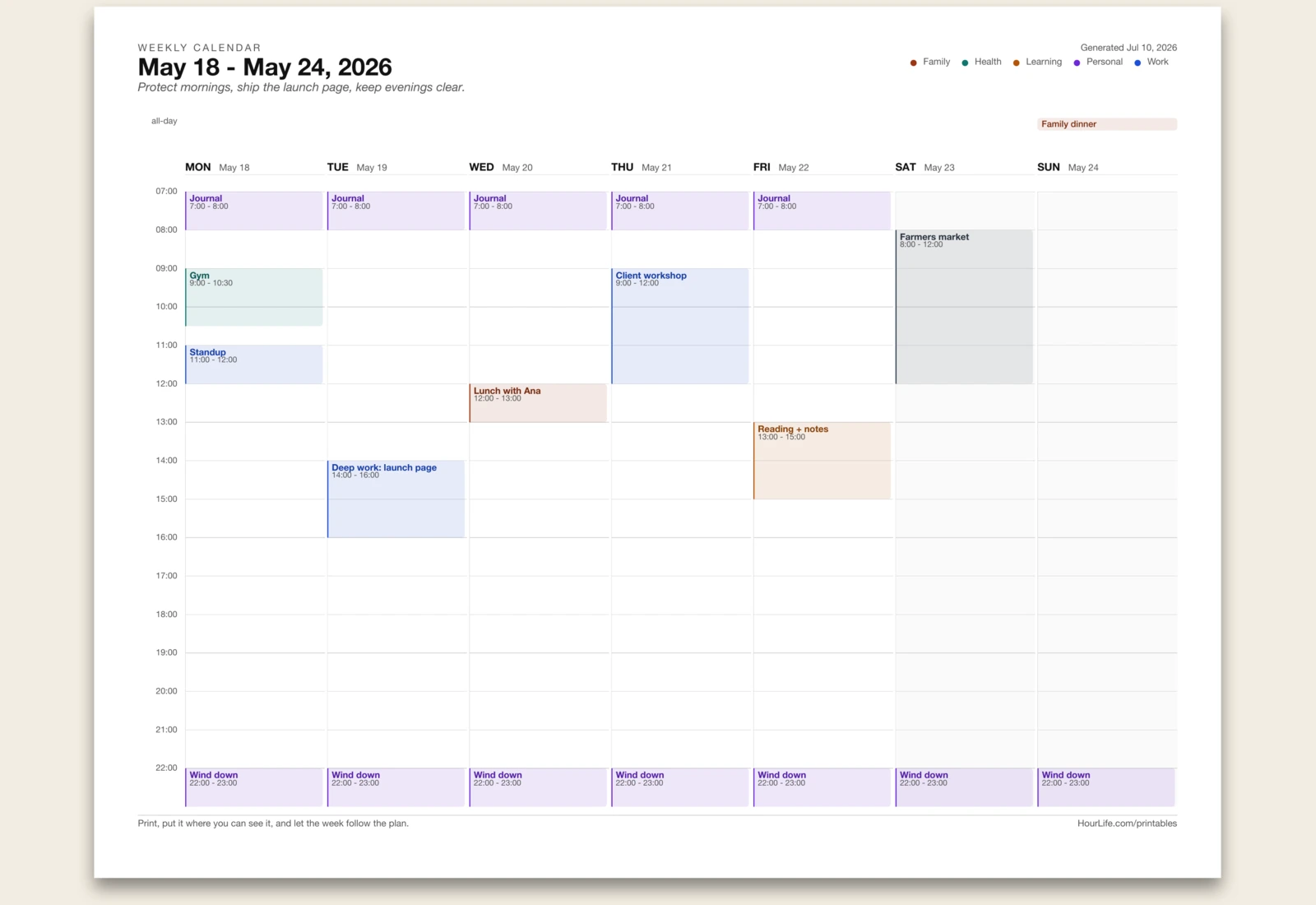Weekly Calendar filled example preview