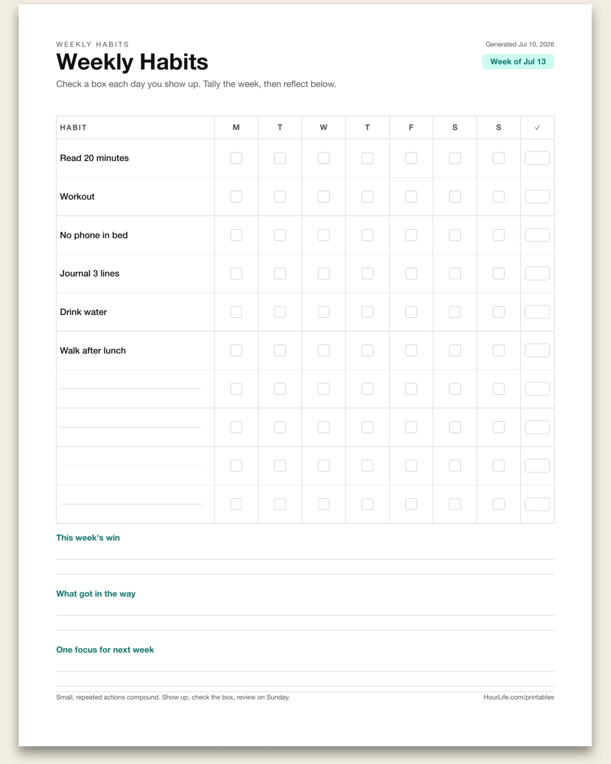Weekly Habits filled example preview